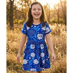 Pine Kids Cotton Knit Half Sleeves Frock With Floral Print - Blue