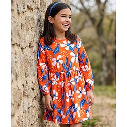 Pine Kids Cotton Knit Full Sleeves Frock With Floral Print - Orange