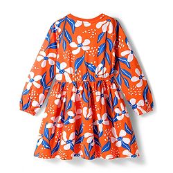 Pine Kids Cotton Knit Full Sleeves Frock With Floral Print - Orange