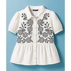Pine Kids Woven Half Puffed Sleeves Frock Style Top with Floral Embroidery - White