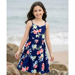 Pine Kids Woven Sleeveless  Frock With Floral Print - Navy Blue