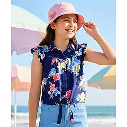 Pine Kids Woven Sleeveless Shirt Style Top With Knot & Floral Print - Navy Blue
