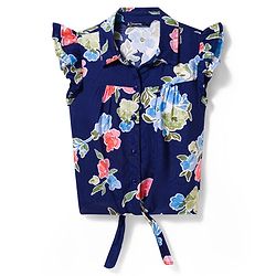 Pine Kids Woven Sleeveless Shirt Style Top With Knot & Floral Print - Navy Blue