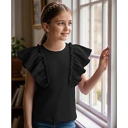 Pine Kids Cotton Knit Half Flutter Sleeves Solid Color Top - Black