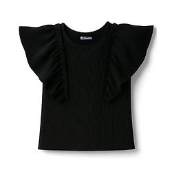 Pine Kids Cotton Knit Half Flutter Sleeves Solid Color Top - Black