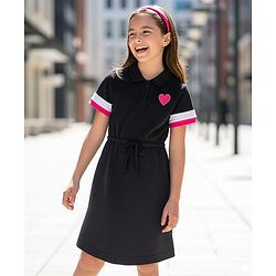 Pine Kids Cotton Knit Half Sleeves Frock with Heart Patch - Black