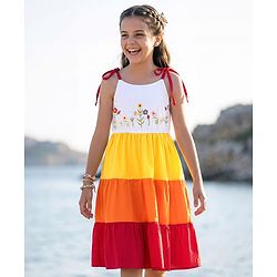 Pine Kids Cotton Knit Sleeveless Tiered Frock with Floral Embroidery - Multicolor