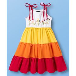 Pine Kids Cotton Knit Sleeveless Tiered Frock with Floral Embroidery - Multicolor