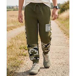 Pine Kids Knit Full Length Lounge Pant With Camouflage & Text Print - Olive Green