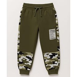 Pine Kids Knit Full Length Lounge Pant With Camouflage & Text Print - Olive Green