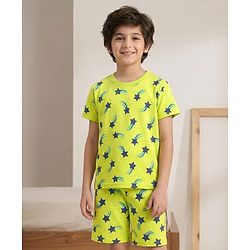Pine Kids Single Jersey Knit Half Sleeves Co-ords Shorts Night Suit with Star Print - Lime Green