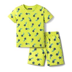 Pine Kids Single Jersey Knit Half Sleeves Co-ords Shorts Night Suit with Star Print - Lime Green