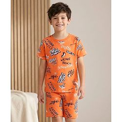 Pine Kids Single Jersey Knit Half Sleeves Shorts Night Suit With Text Print - Orange