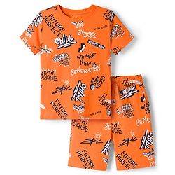 Pine Kids Single Jersey Knit Half Sleeves Shorts Night Suit With Text Print - Orange
