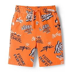 Pine Kids Single Jersey Knit Half Sleeves Shorts Night Suit With Text Print - Orange