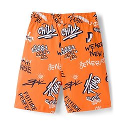 Pine Kids Single Jersey Knit Half Sleeves Shorts Night Suit With Text Print - Orange