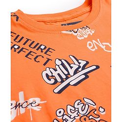 Pine Kids Single Jersey Knit Half Sleeves Shorts Night Suit With Text Print - Orange
