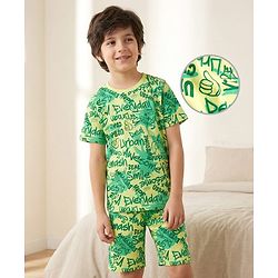 Pine Kids Single Jersey Knit Shorts Night Suit With Text Print - Lime Green