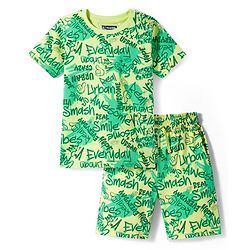 Pine Kids Single Jersey Knit Shorts Night Suit With Text Print - Lime Green
