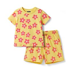 Pine Kids Single Jersey Knit Half Sleeves Co-ords Shorts Night Suit with Floral Print - Lemon