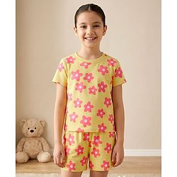 Pine Kids Single Jersey Knit Half Sleeves Co-ords Shorts Night Suit with Floral Print - Lemon