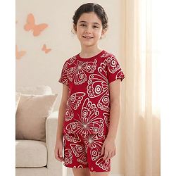 Pine Kids Single Jersey Knit Half Sleeves Co-ords Shorts Night Suit with Butterfly Print - Red