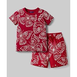 Pine Kids Single Jersey Knit Half Sleeves Co-ords Shorts Night Suit with Butterfly Print - Red