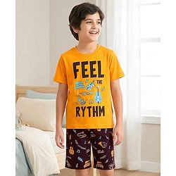 Pine Kids 100% Cotton Knit Half Sleeves Musical Theme Printed T-Shirt & Shorts Night Suit - Yellow