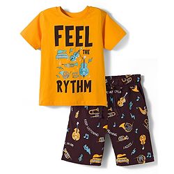 Pine Kids 100% Cotton Knit Half Sleeves Musical Theme Printed T-Shirt & Shorts Night Suit - Yellow