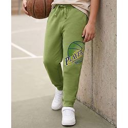 Pine Kids Knit Full Length Lounge Pant with Text Print - Olive Green