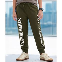 Pine Kids Knit Full Length Lounge Pant With Text Print - Olive Green