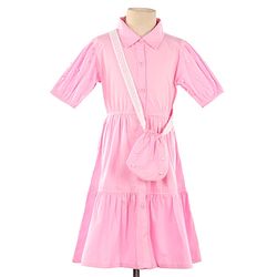 Pine Kids Woven Half Sleeves Solid Color Shirt Style Frock with Sling Bag - Pink