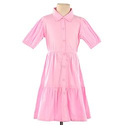 Pine Kids Woven Half Sleeves Solid Color Shirt Style Frock with Sling Bag - Pink
