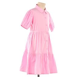 Pine Kids Woven Half Sleeves Solid Color Shirt Style Frock with Sling Bag - Pink