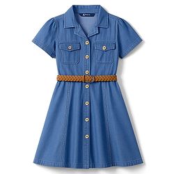 Pine Kids Cotton Woven Half Sleeves Solid Shirt Dress With Belt - Blue