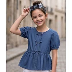 Pine Kids Cotton Woven Half Sleeves Solid Top - Blue