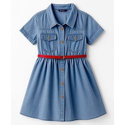 Pine Kids Cotton Woven Half Sleeves Solid Shirt Dress With Belt - Blue