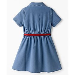 Pine Kids Cotton Woven Half Sleeves Solid Shirt Dress With Belt - Blue