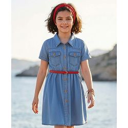 Pine Kids Cotton Woven Half Sleeves Solid Shirt Dress With Belt - Blue