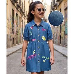 Pine Kids Cotton Woven Half Sleeves Frock With Text Print - Navy Blue