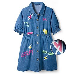 Pine Kids Cotton Woven Half Sleeves Frock With Text Print - Navy Blue