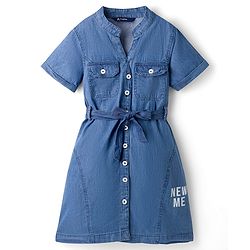 Pine Kids Cotton Woven Half Sleeves Solid Shirt Dress With Belt - Blue