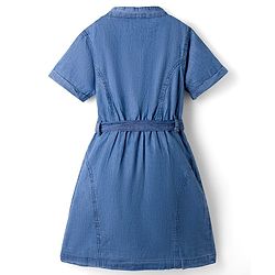 Pine Kids Cotton Woven Half Sleeves Solid Shirt Dress With Belt - Blue