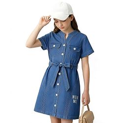 Pine Kids Cotton Woven Half Sleeves Solid Shirt Dress With Belt - Blue
