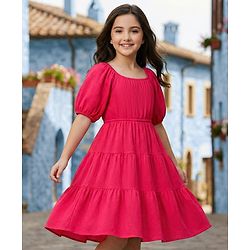Pine Kids Woven Half Sleeves Solid Frock - Dark Pink