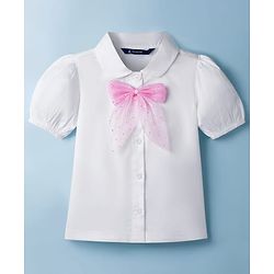 Pine Kids Cotton Woven Half Puffed Sleeves Top with Bow Applique - White