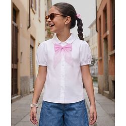 Pine Kids Cotton Woven Half Puffed Sleeves Top with Bow Applique - White