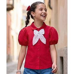 Pine Kids Cotton Woven Half Sleeves Solid Top With Bow Applique - Red