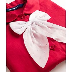Pine Kids Cotton Woven Half Sleeves Solid Top With Bow Applique - Red