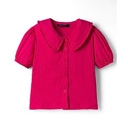 Pine Kids Cotton Woven Half Puffed Sleeves Front Open Top With Frill Detailing - Dark Pink